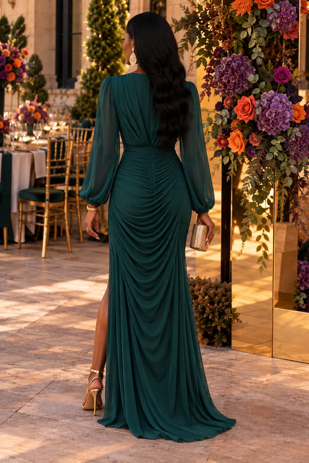 Back view of the Emerald Royale Luxe Maxi Dress showcasing elegant ruching, sheer sleeves, and a sophisticated floor-length design.