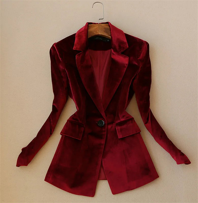 Women's Long Sleeve Burgundy Tailored Collar Jacket Velvet Pantsuit