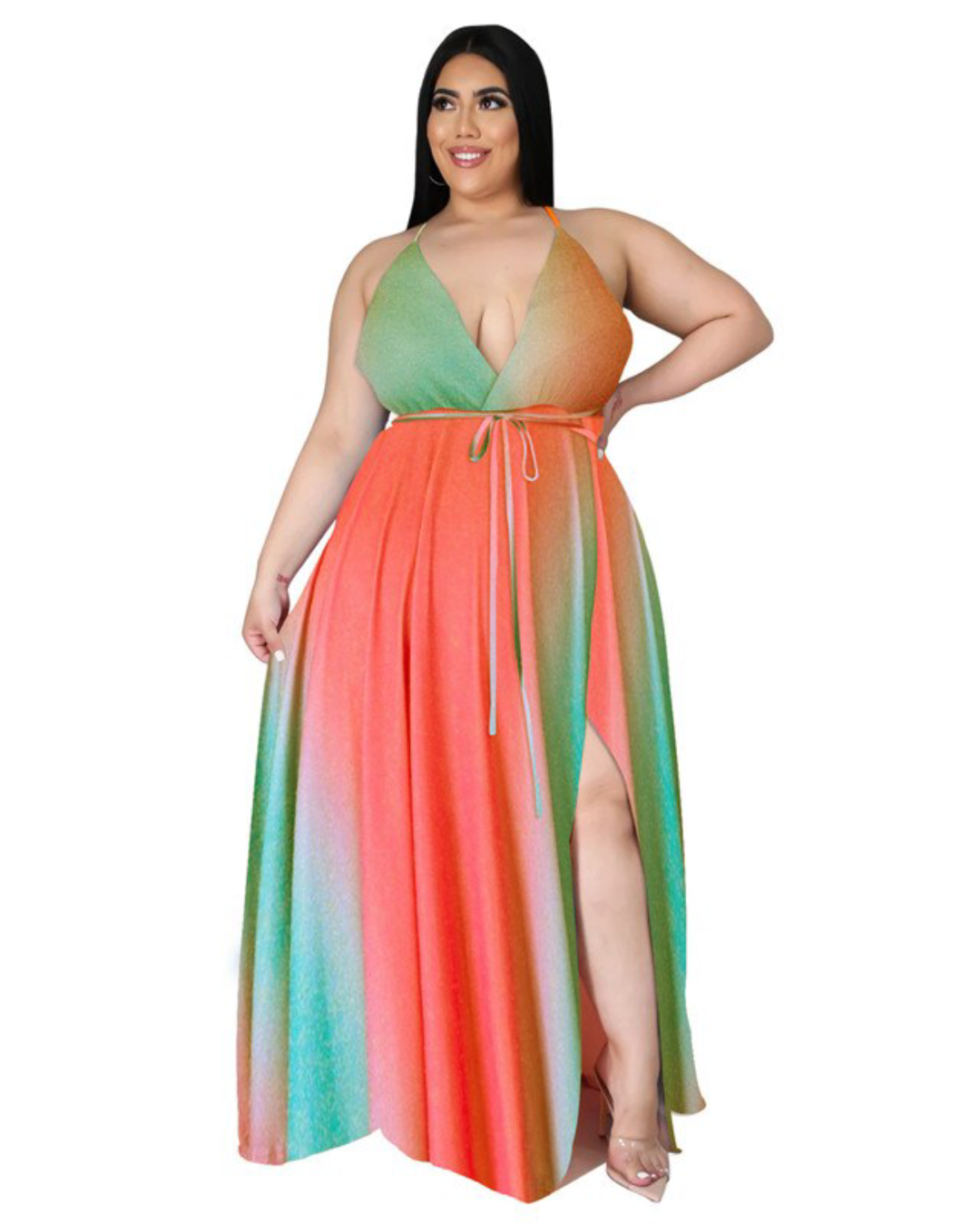 Plus Size Printed Belt Slip Dress Orange XL 