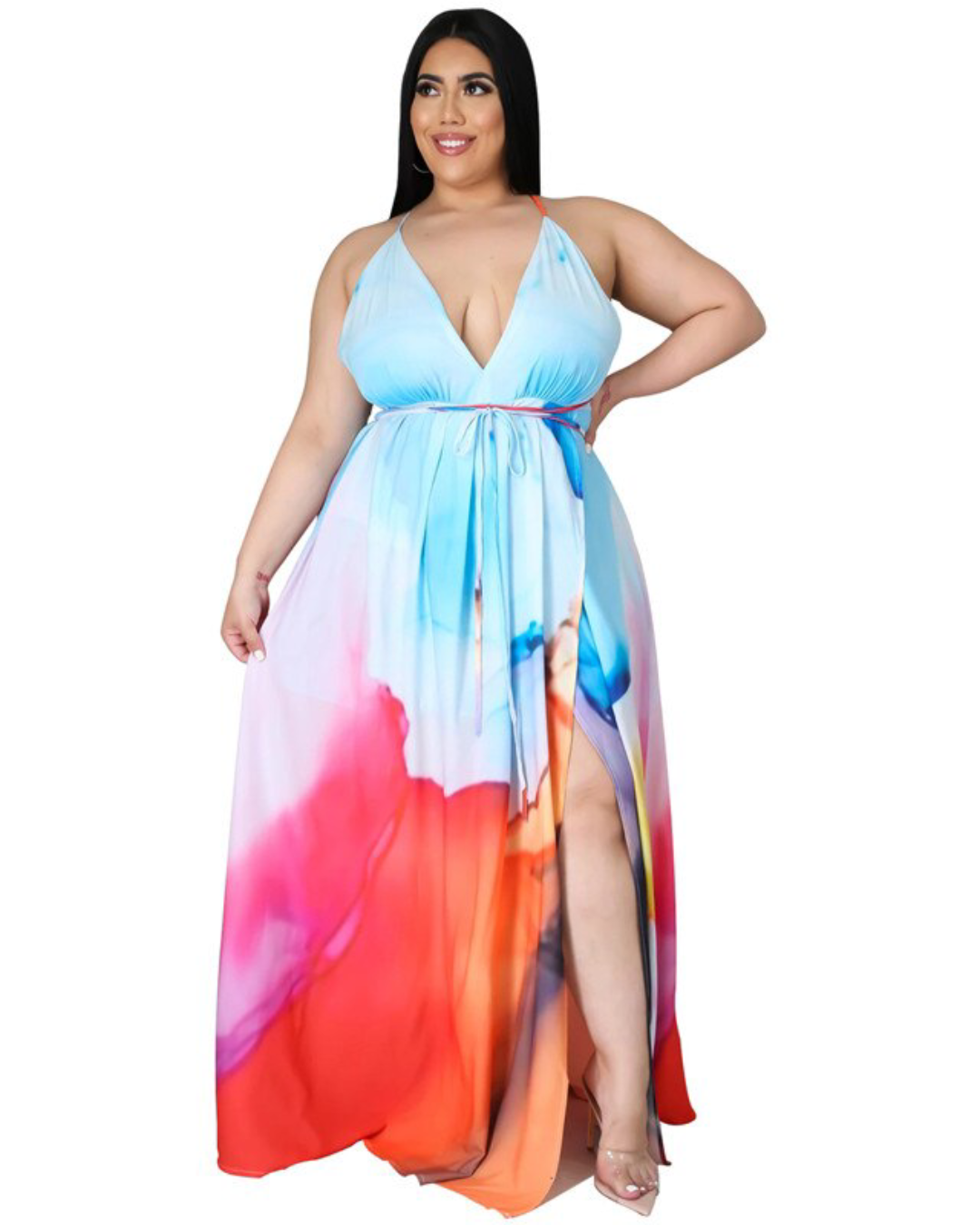 Plus Size Printed Belt Slip Dress Sky Blue XL 