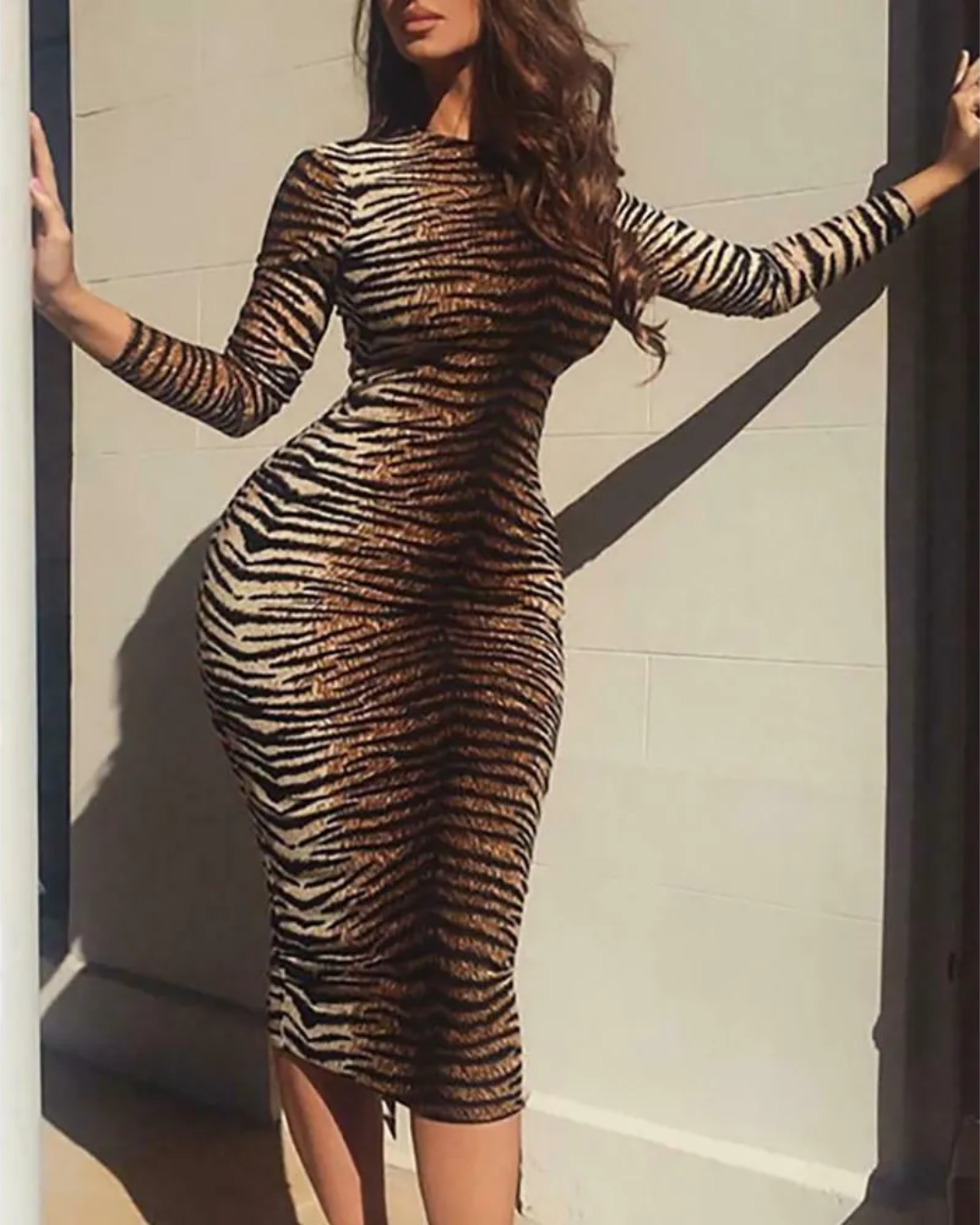 Tiger Print High Neck Slim Dress   