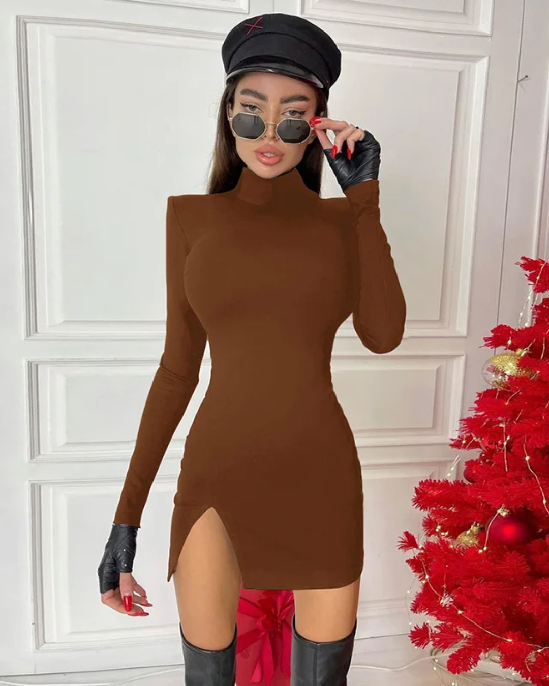 Long Sleeve Bodycon Dress Brown S 