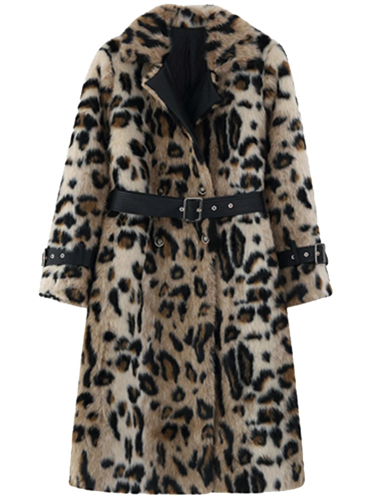 Winter Long Leopard Print Warm Fluffy Faux Fur Trench Coat