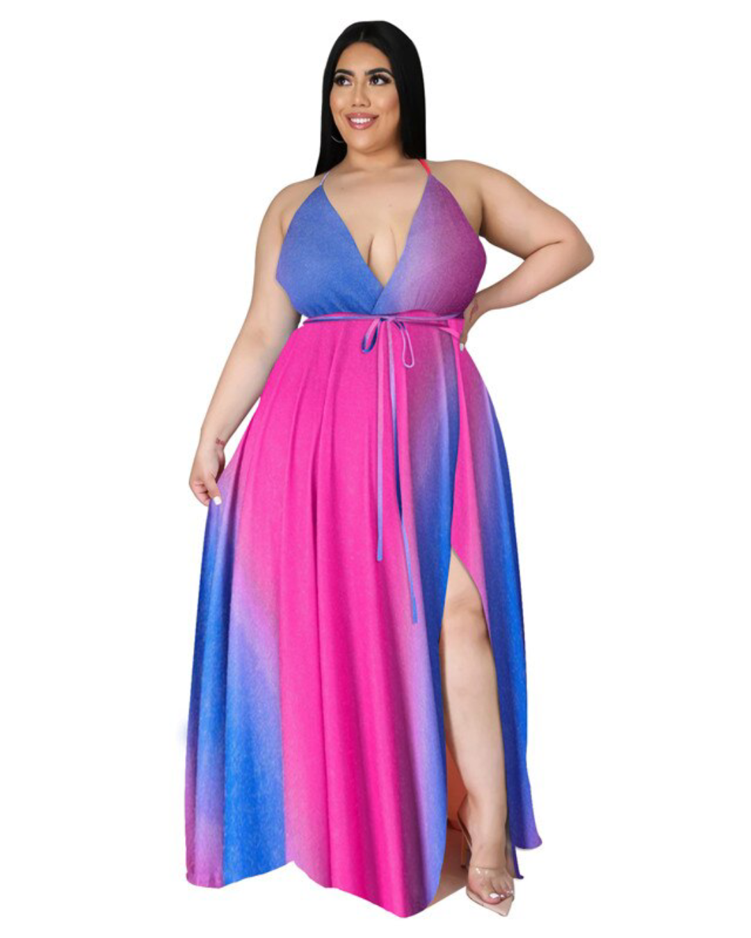 Plus Size Printed Belt Slip Dress Pink XL 