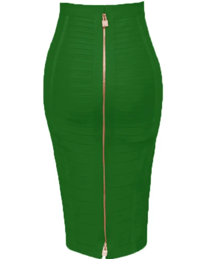 Solid Color Zipper Bandage Skirt Green XS 