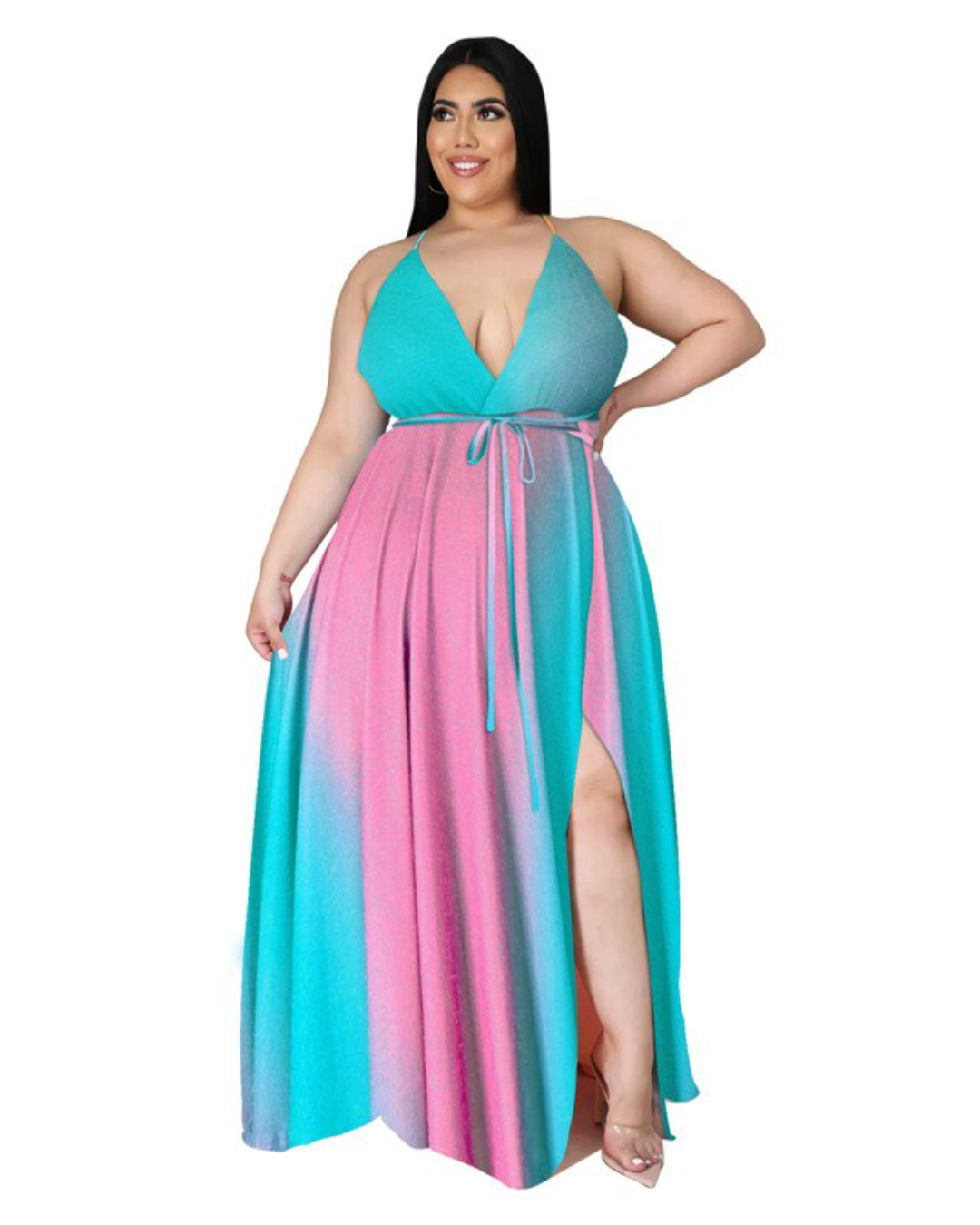 Plus Size Printed Belt Slip Dress Turquoise XL 