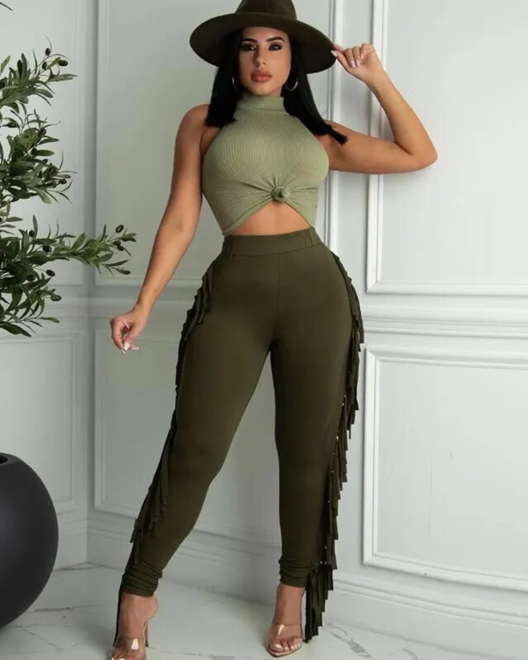 Long Tassel Fringed Pencil Pants Army Green S 