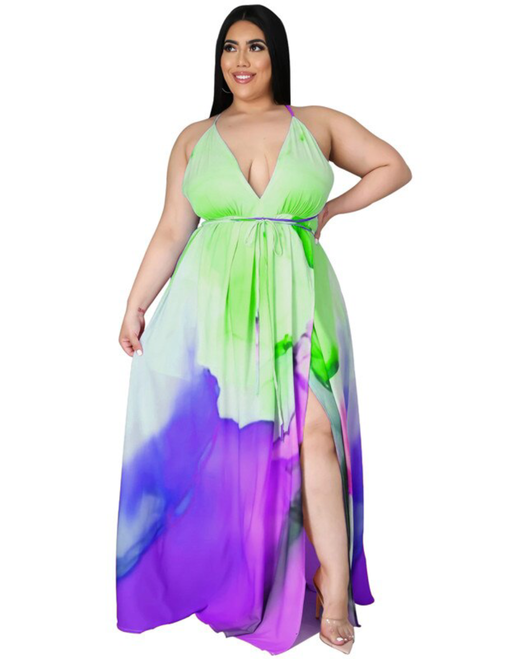 Plus Size Printed Belt Slip Dress Parrot Green XL 