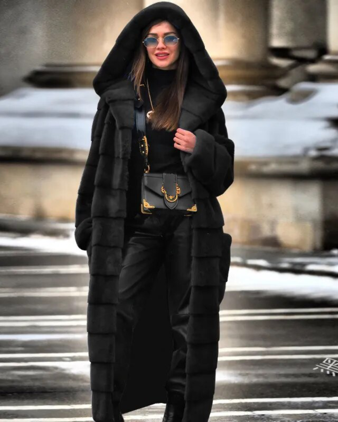 Faux Fur Hooded Long Coat Black S 