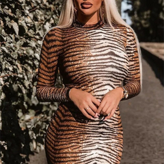 Tiger Print High Neck Slim Dress