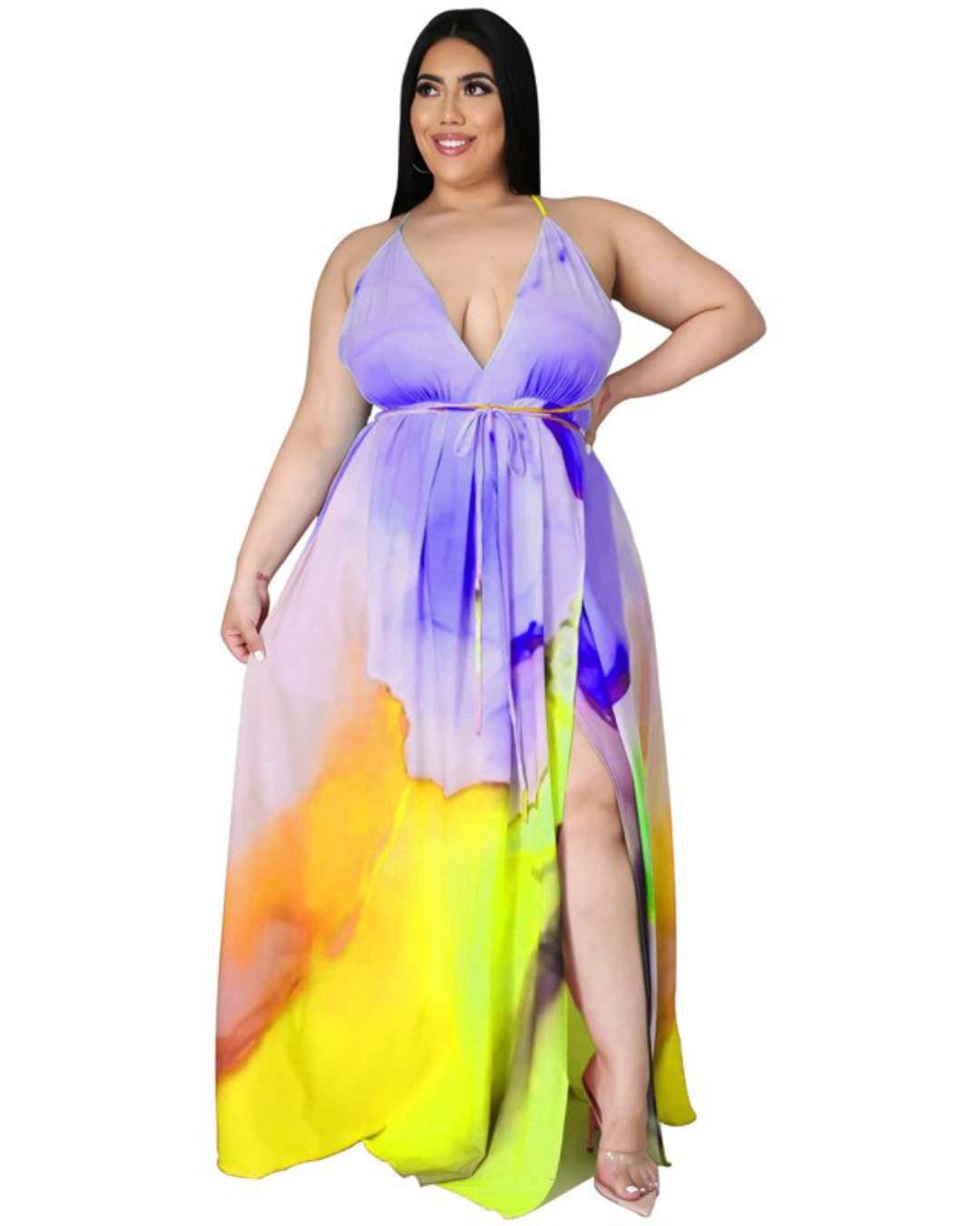 Plus Size Printed Belt Slip Dress Purple XL 