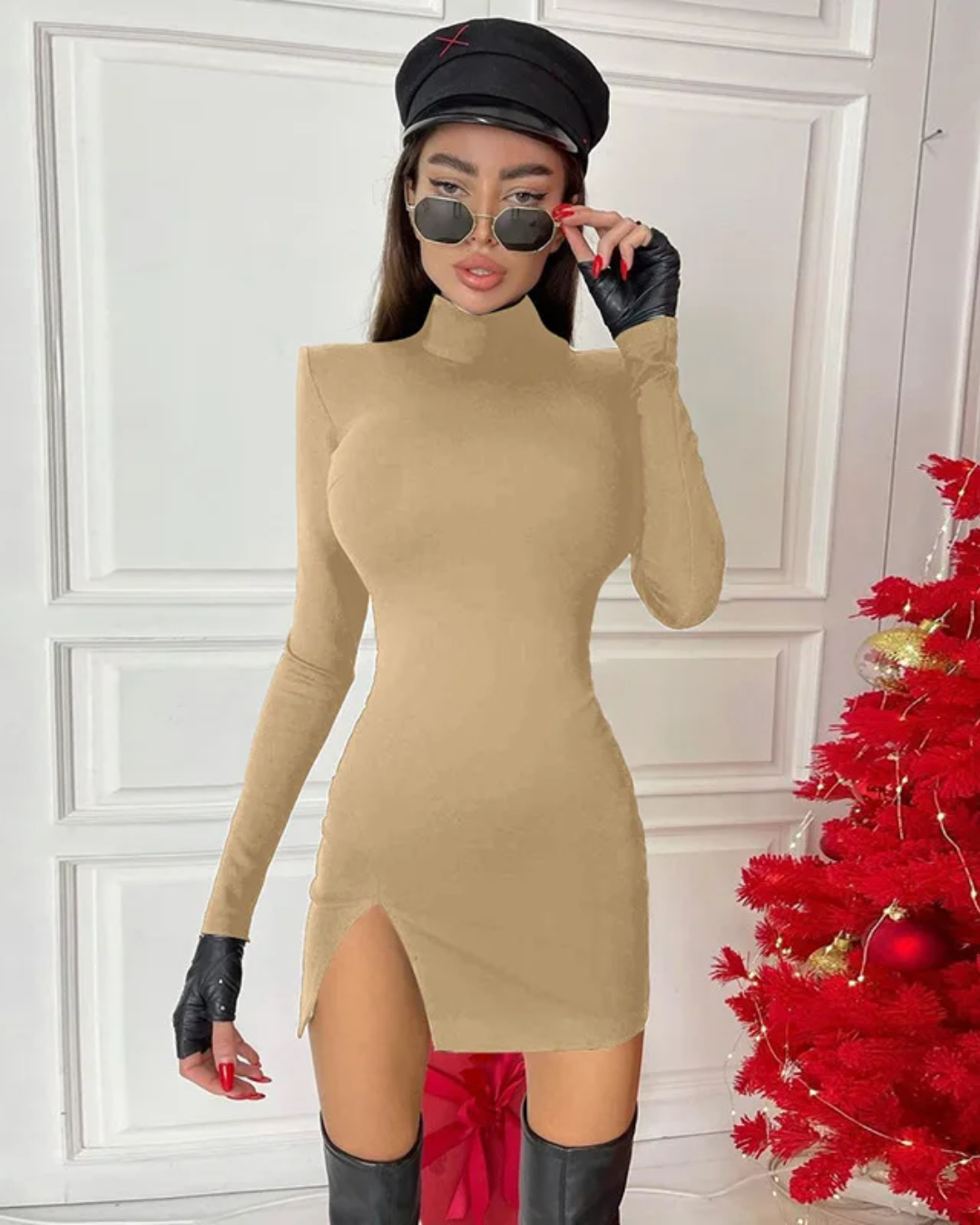 Long Sleeve Bodycon Dress Khaki S 