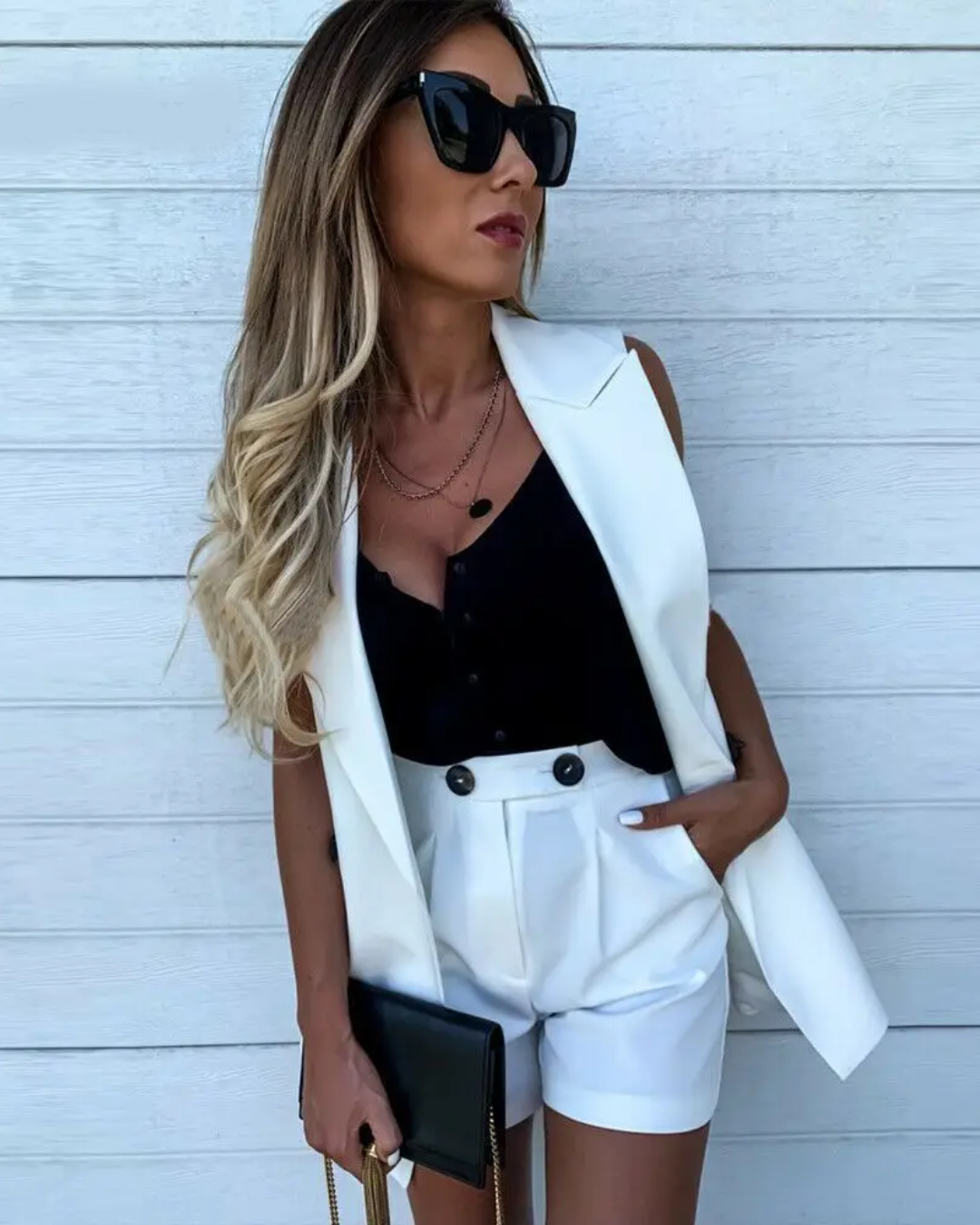 Sleeveless Blazers with Shorts Two Piece Set   