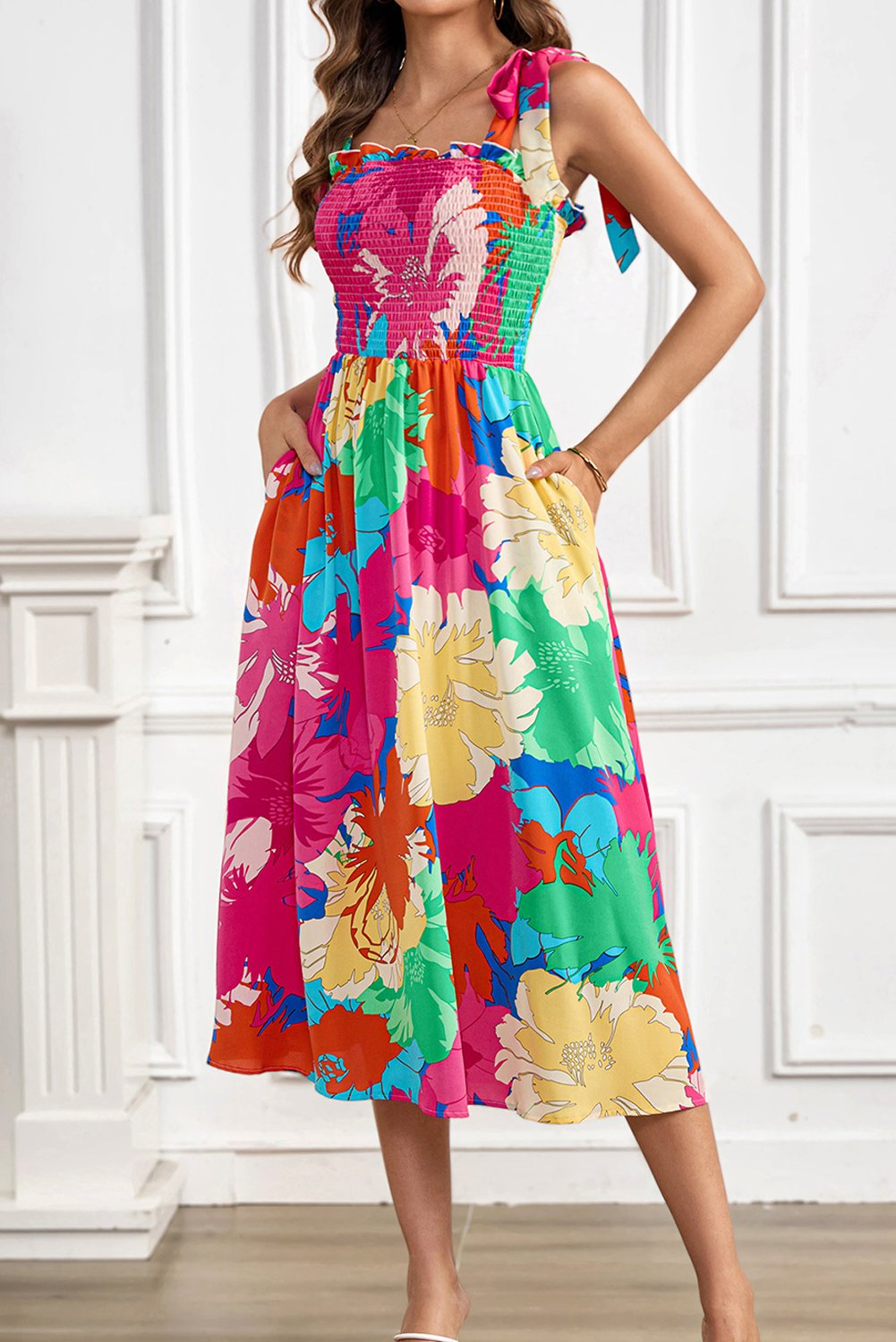 Rose Bold Floral Print Knot Straps Smocked High Waist Midi Dress