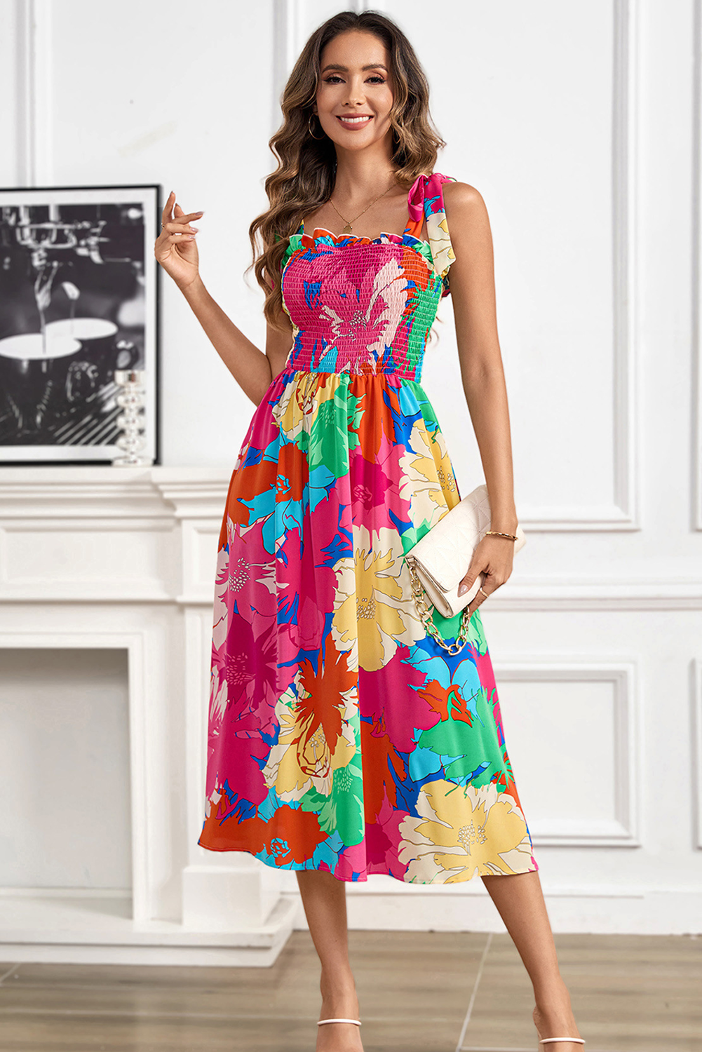 Rose Bold Floral Print Knot Straps Smocked High Waist Midi Dress