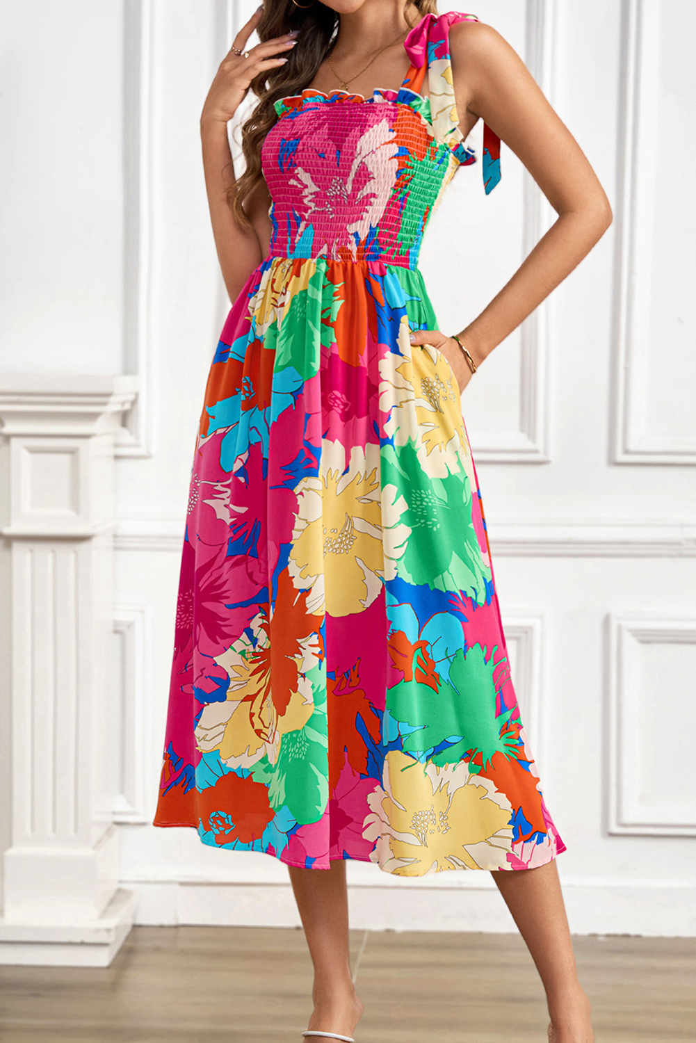 Rose Bold Floral Print Knot Straps Smocked High Waist Midi Dress