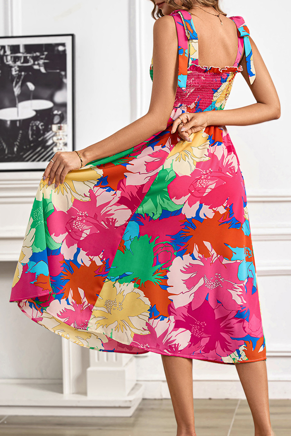 Rose Bold Floral Print Knot Straps Smocked High Waist Midi Dress