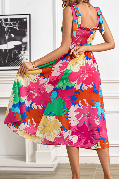 Rose Bold Floral Print Knot Straps Smocked High Waist Midi Dress