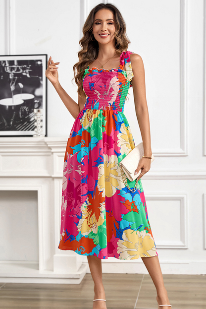 Rose Bold Floral Print Knot Straps Smocked High Waist Midi Dress