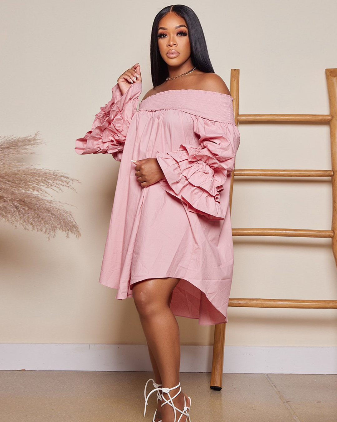 Plus Size Off Shoulder Dress Pink L 