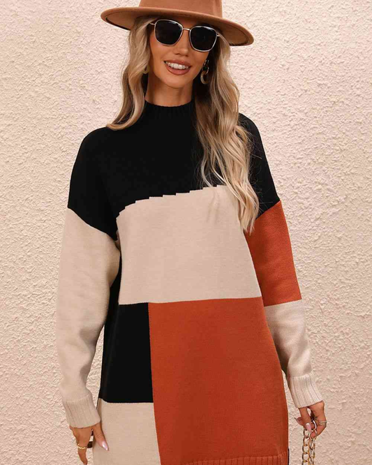 Color Block Mock Neck Dropped Shoulder Sweater Dress Black S 