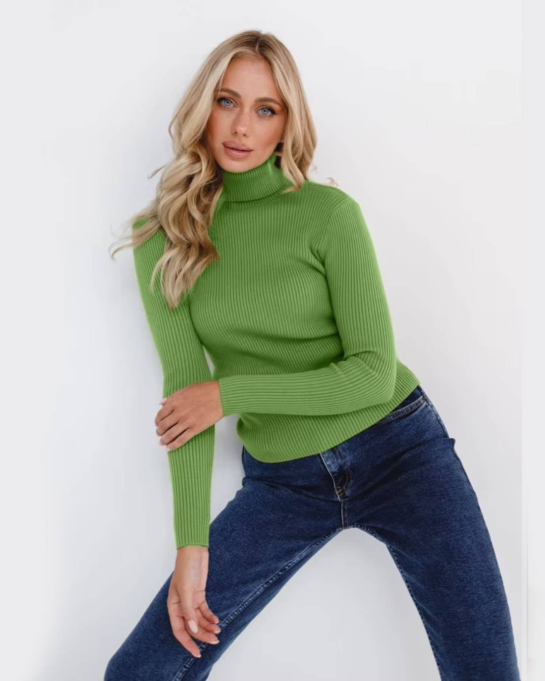 Long Sleeve Slim Turtleneck Sweater Green One Size 