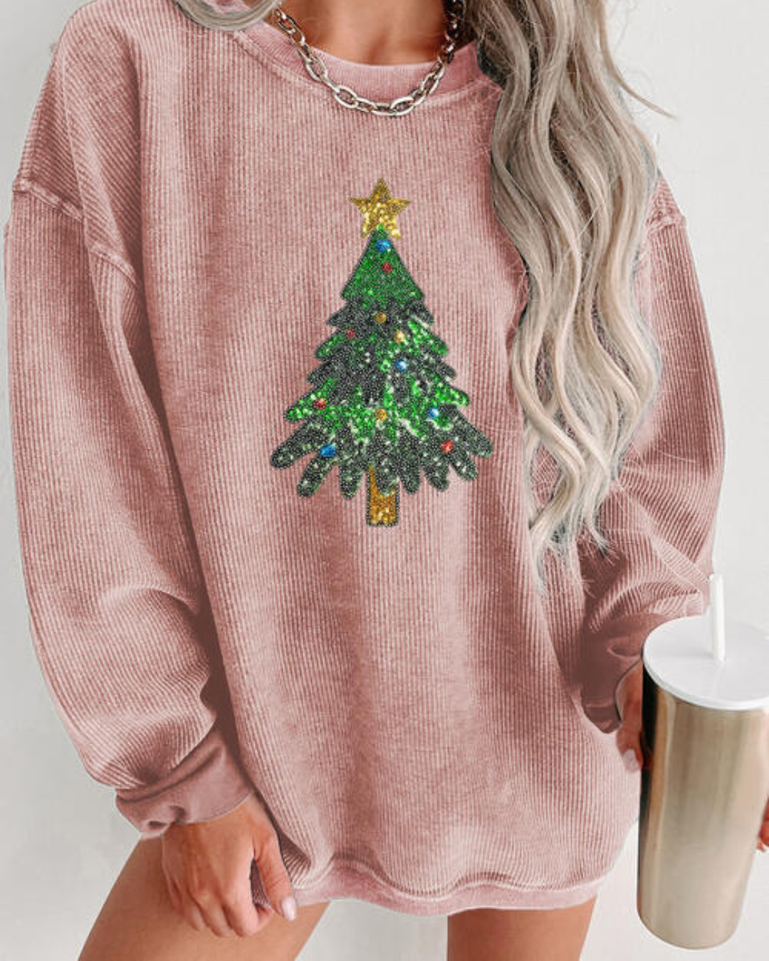 Sequin Christmas Tree Ribbed Drop Shoulder Sweatshirt Dusty Pink S 