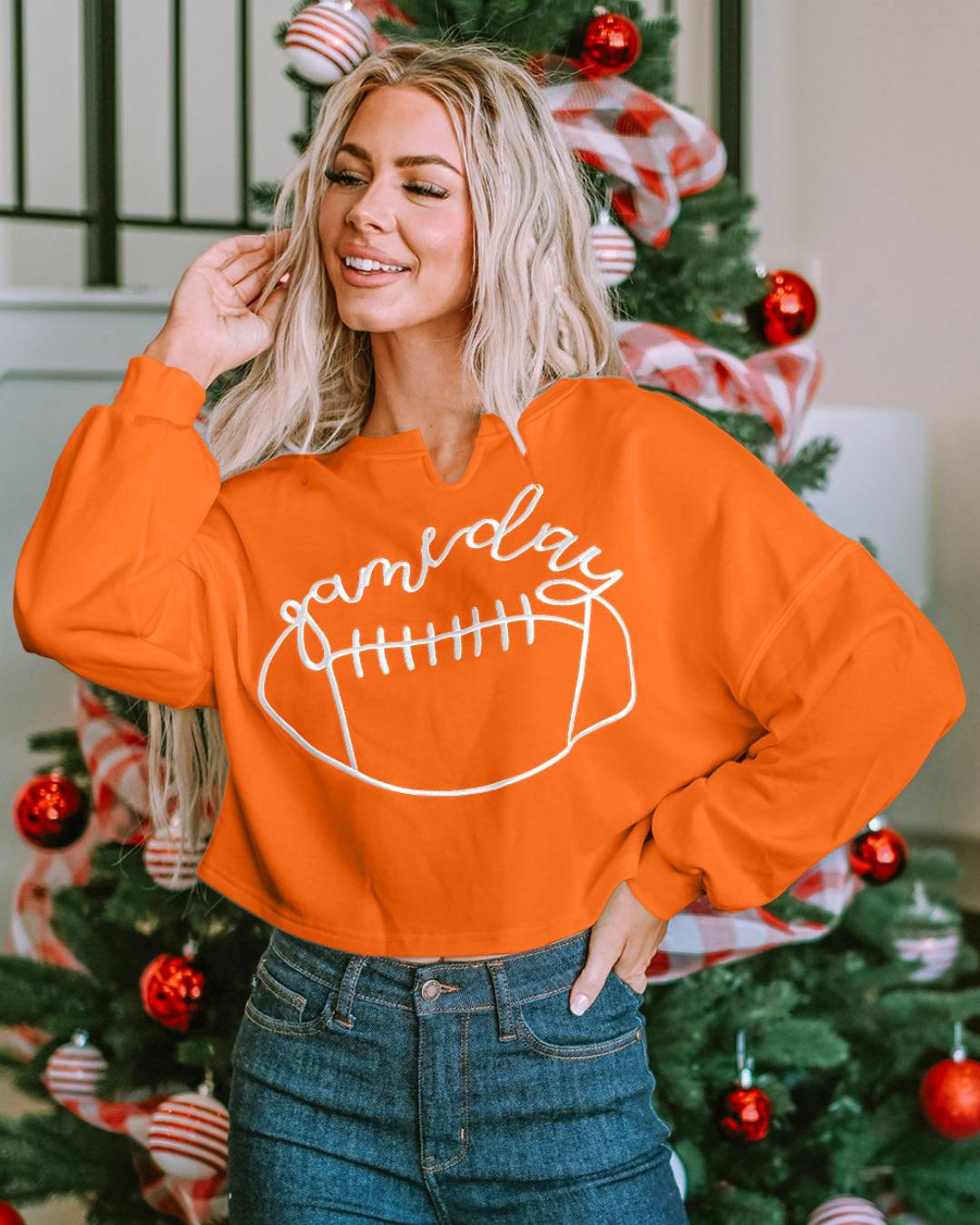 Lettering Notched Neck Sweatshirt Orange S 