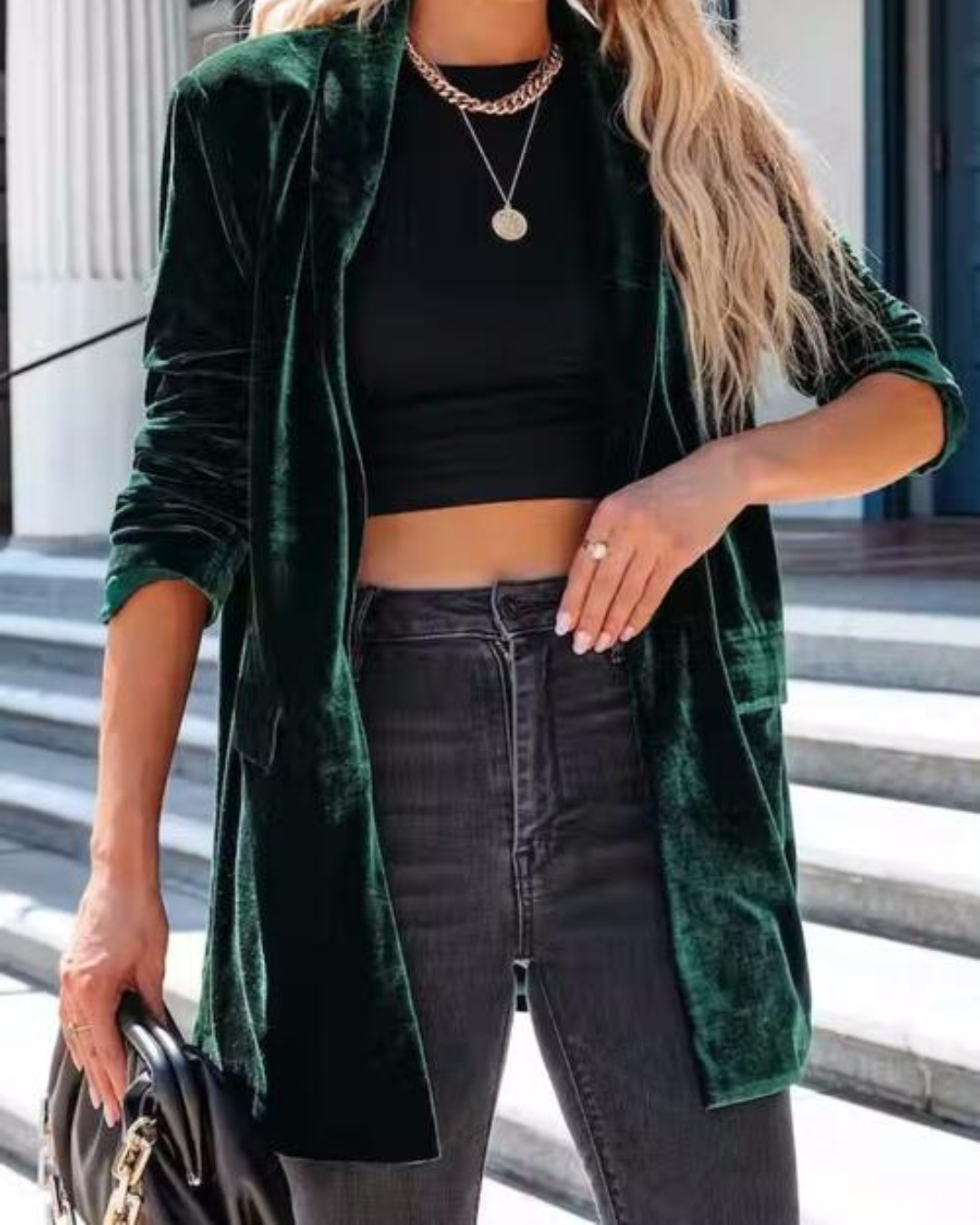 Button Up Long Sleeve Blazer with Pocket Green S 