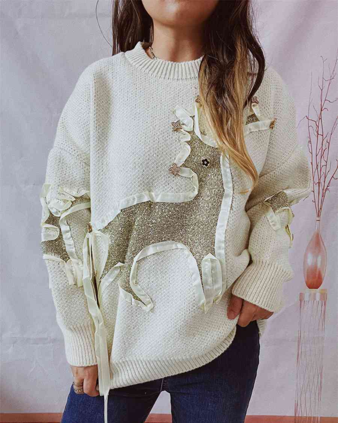 Reindeer Round Neck Long Sleeve Sweater Beige S 
