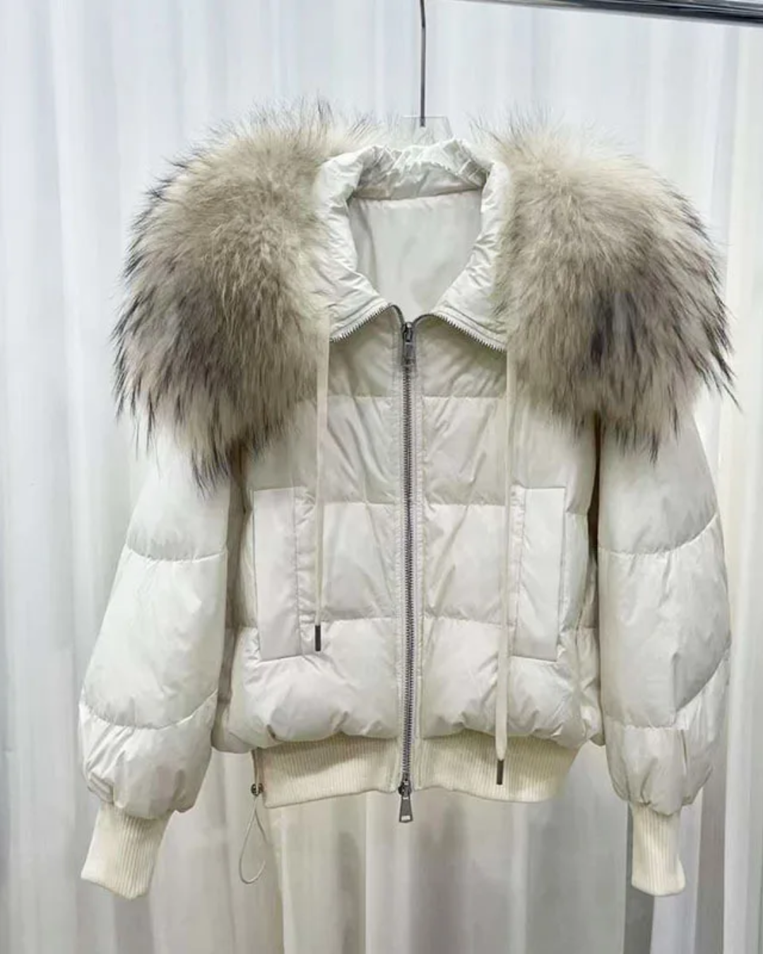 Faux Fur Collar Short Jacket White & Gray S 