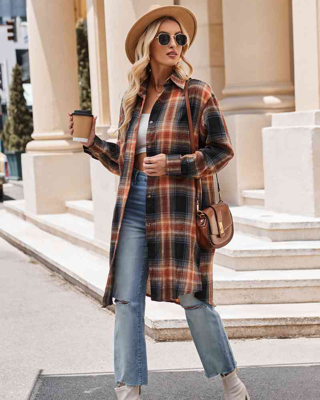 Plaid Collared Neck Long Sleeve Coat Black S 