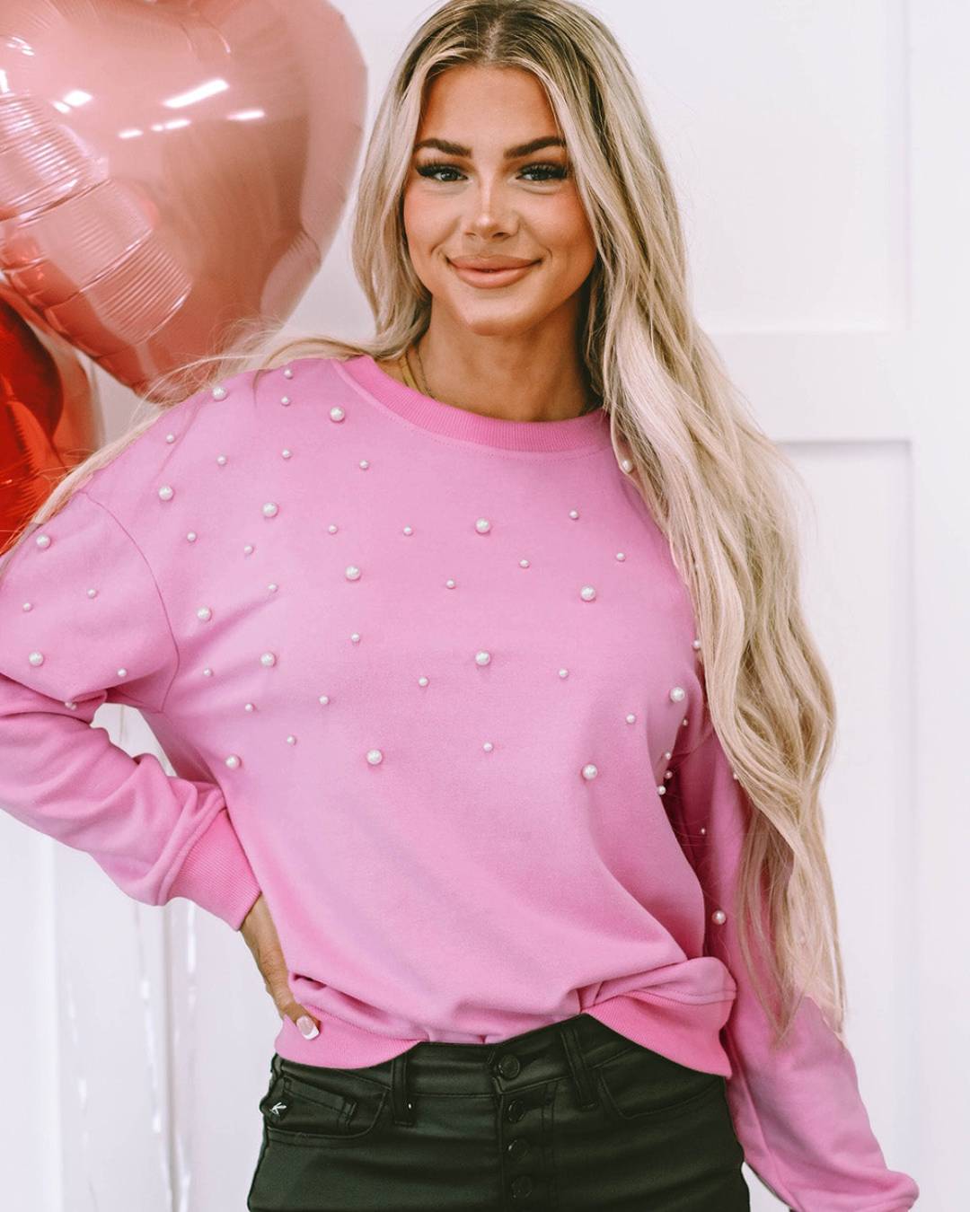 Pearl Ribbed Crew Neck Sweatshirt Pink S 