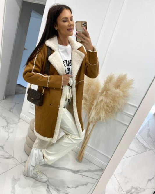 Lapel Collar Exposed Seam Buttoned Coat Camel S 