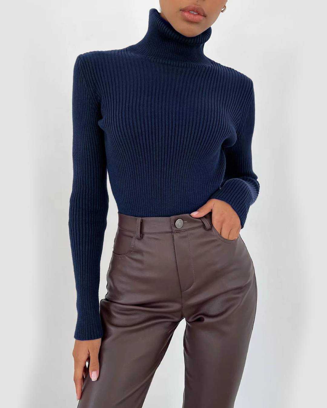 Long Sleeve Slim Turtleneck Sweater Royal Blue One Size 