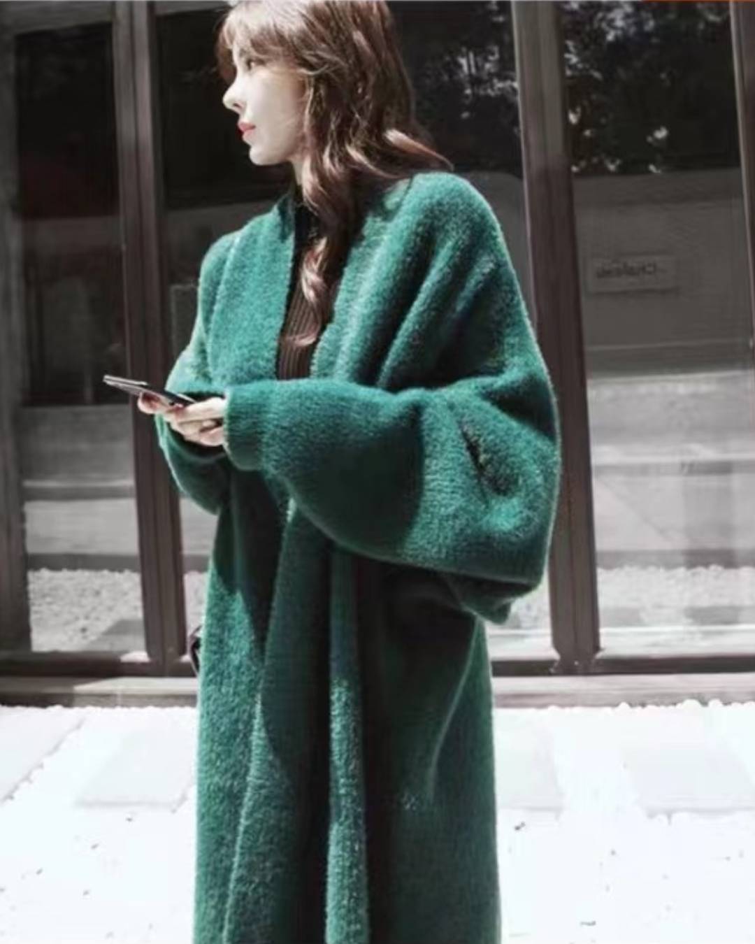 Loose Knitted Cardigan Coat Green One Size 