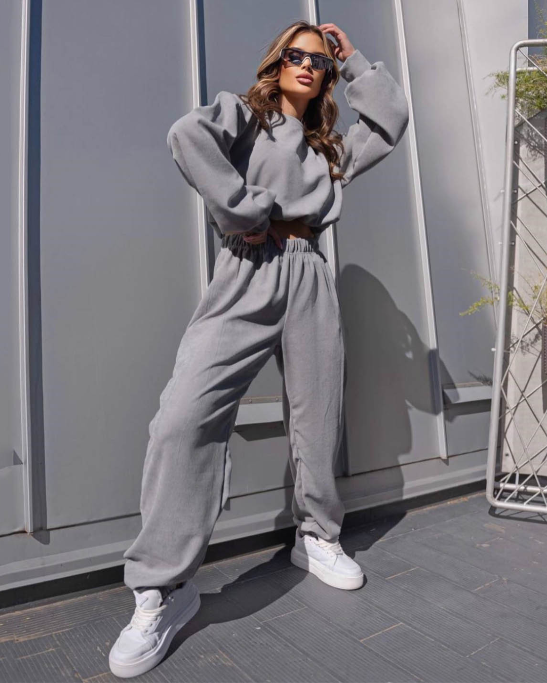 Corduroy Pullover Two-Piece Set S Gray 