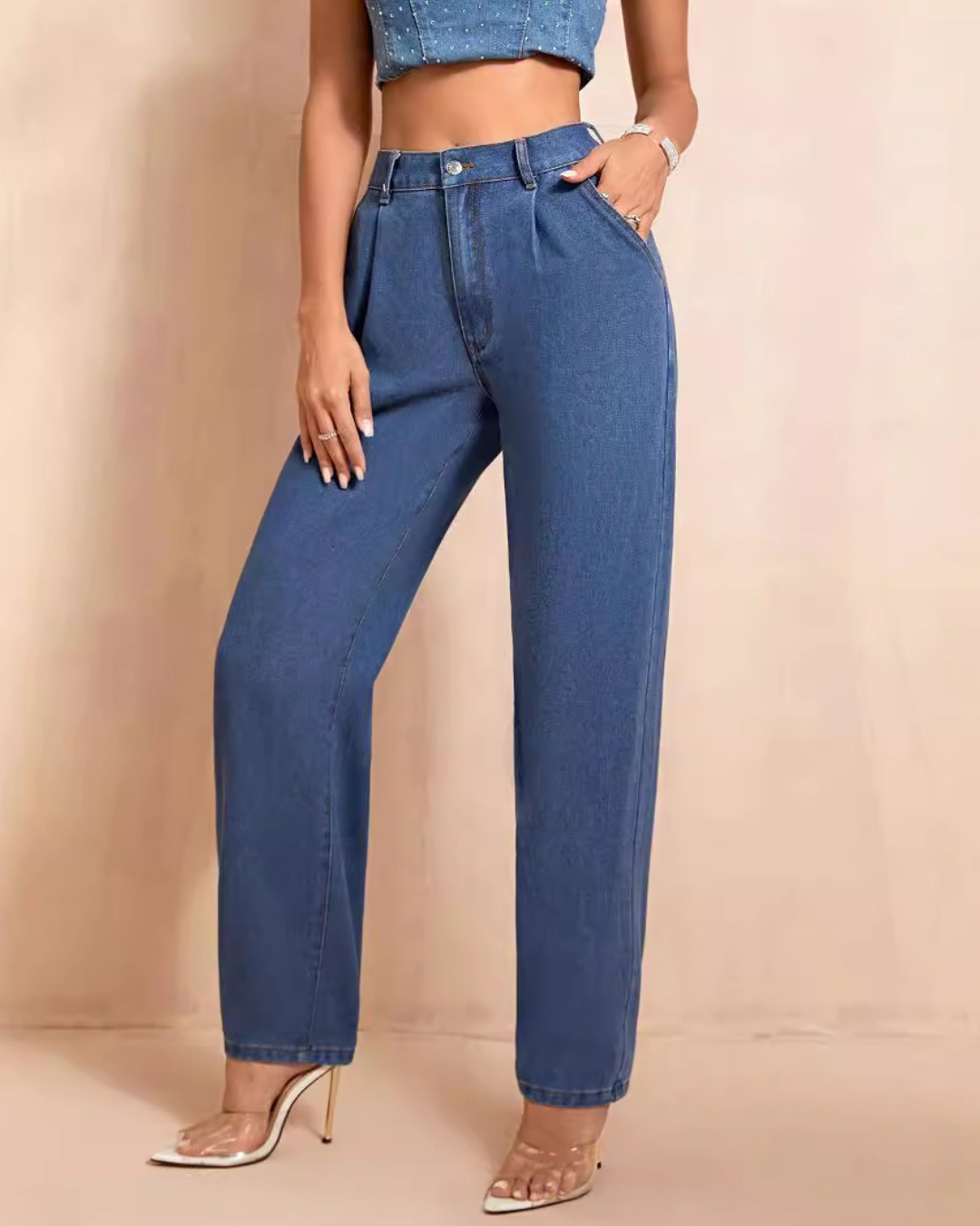 High Waist Straight Leg Denim Trousers   