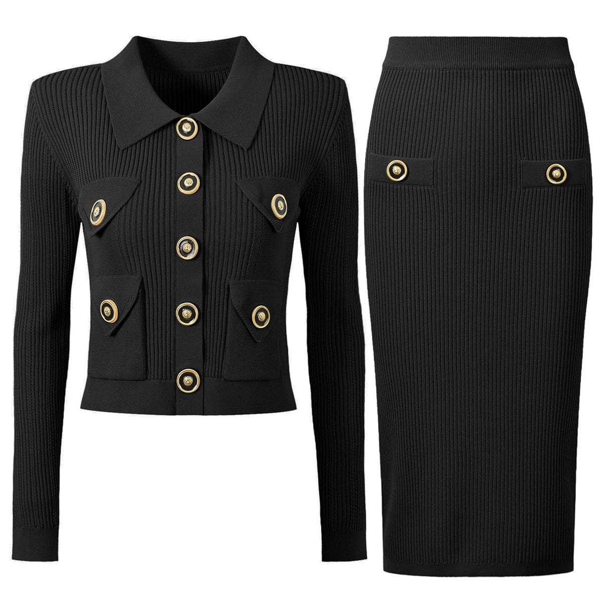 Knitted Cardigan and Skirt Set S Black Set