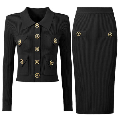 Knitted Cardigan and Skirt Set S Black Set