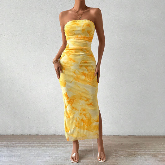 Printed Dress SpringHigh Waist Slit Tube Top Dress