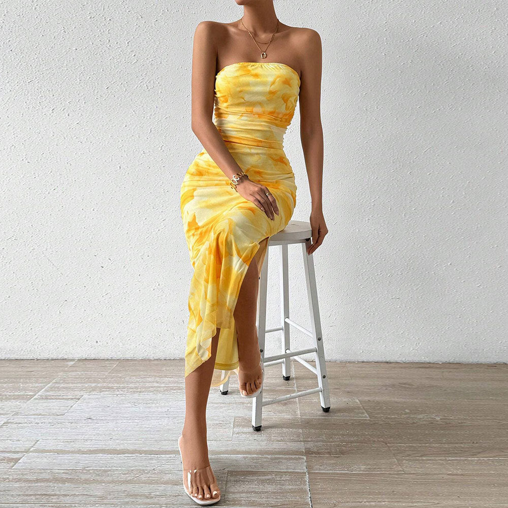Printed Dress SpringHigh Waist Slit Tube Top Dress