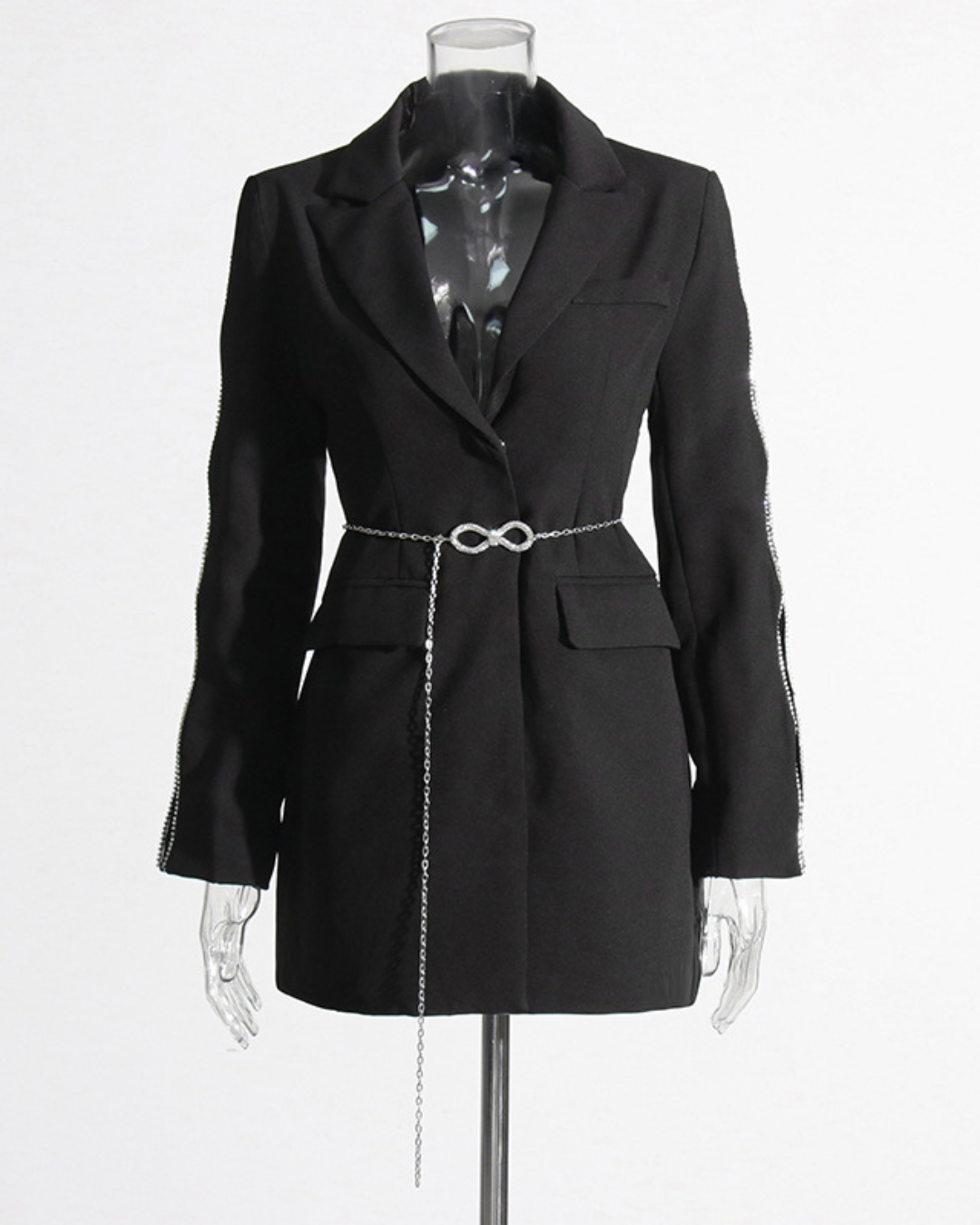 Chain Decoration Tight Waist Blazer S Black 