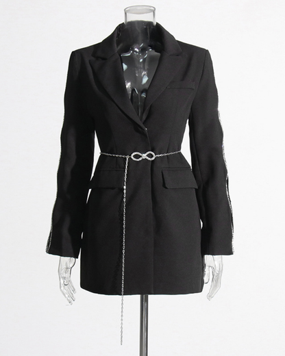 Chain Decoration Tight Waist Blazer S Black 