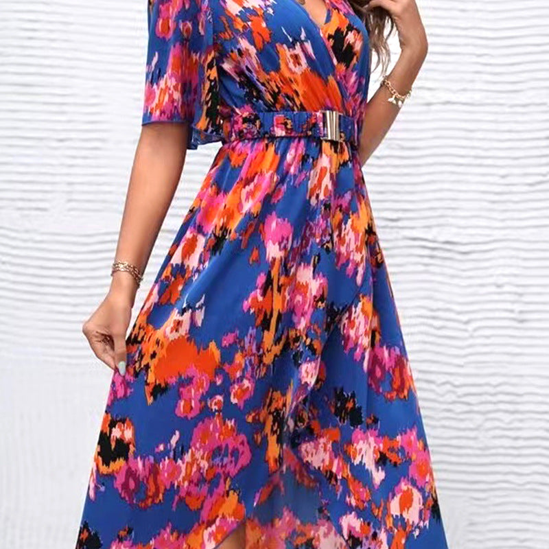Chest Buckle High Waist Slim Pleated Printing Slip Dress Women S Blue