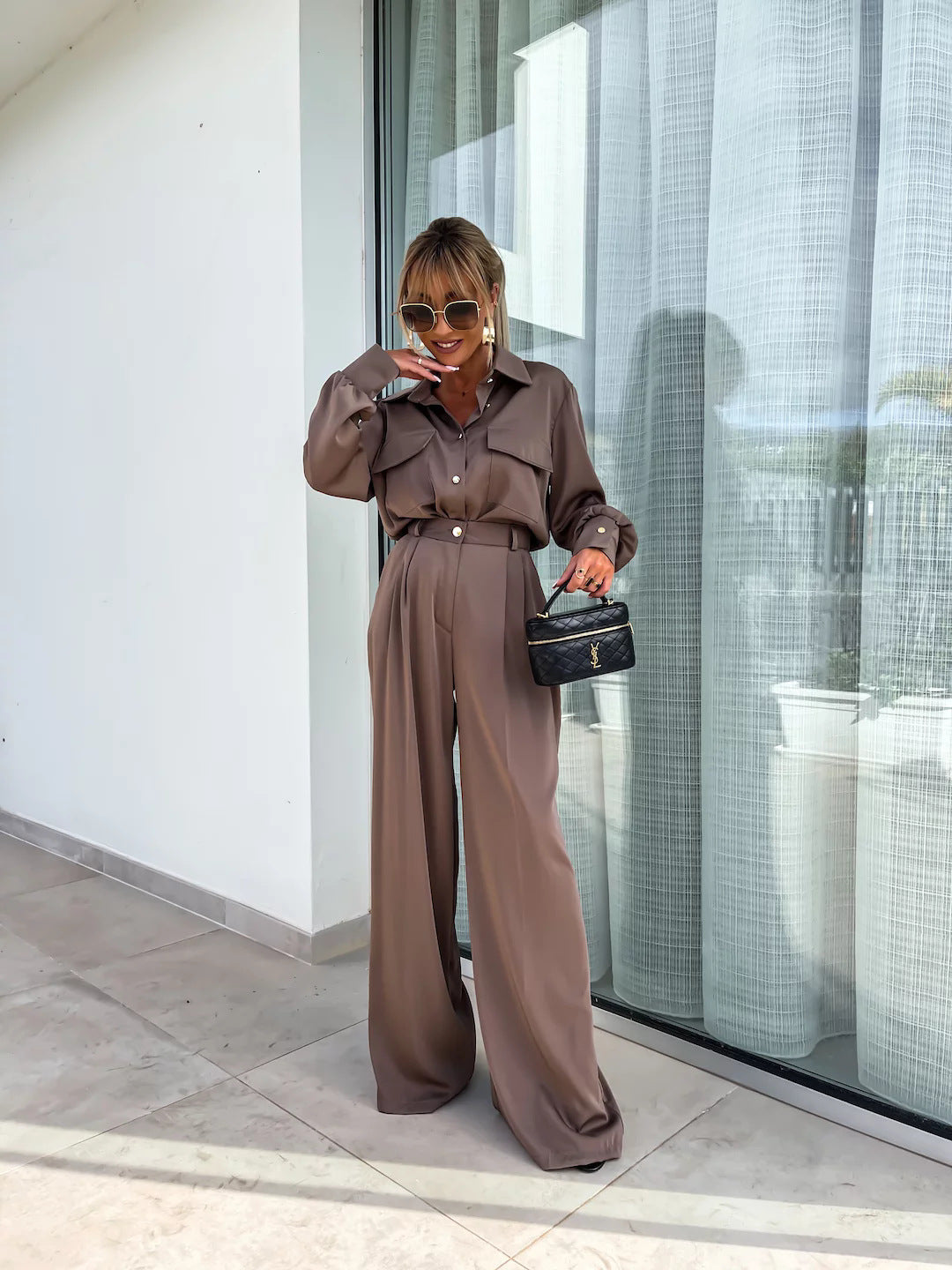 Long Sleeved Faux Pocket Shirt Elegant Trousers