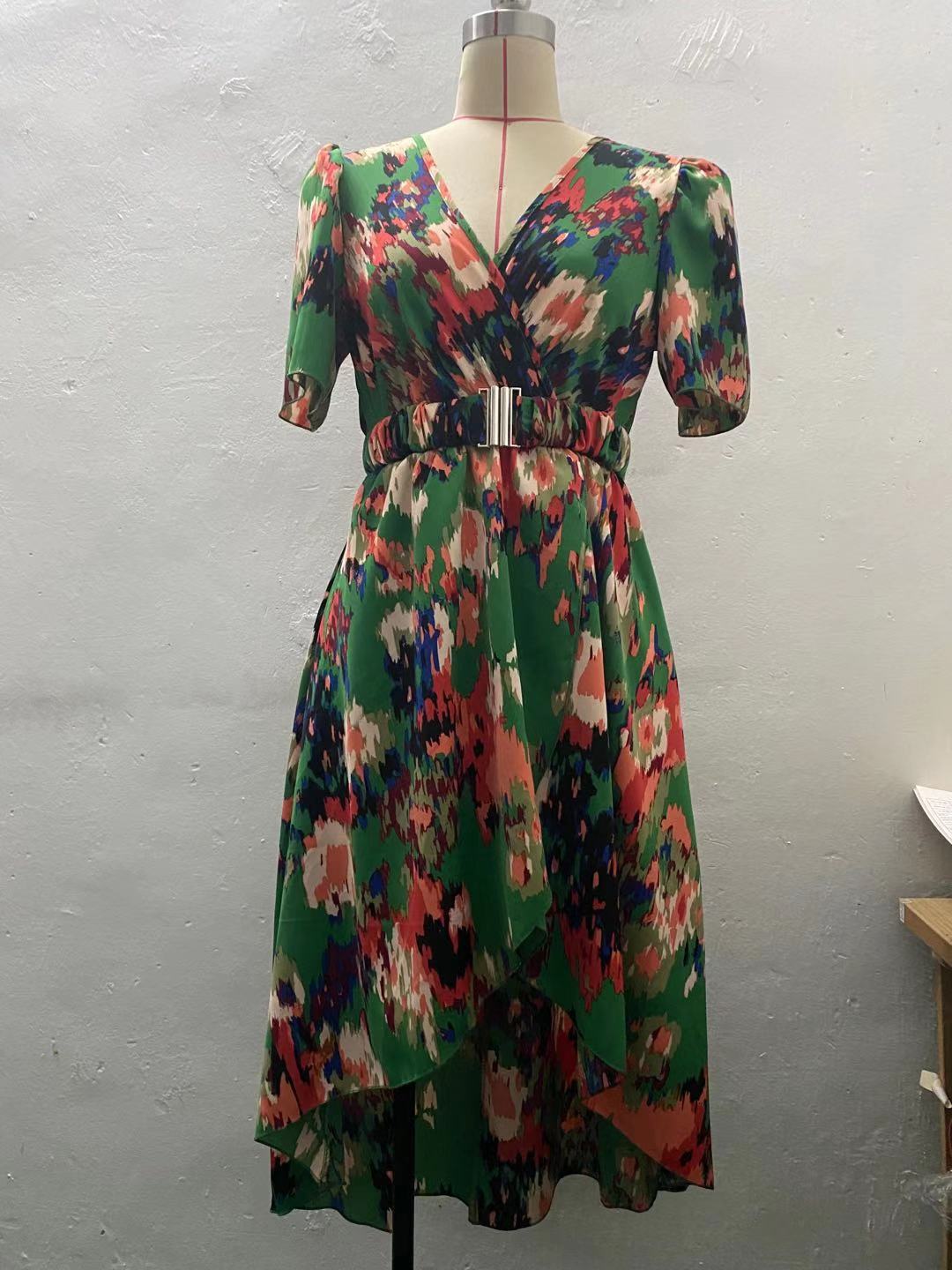 Chest Buckle High Waist Slim Pleated Printing Slip Dress Women