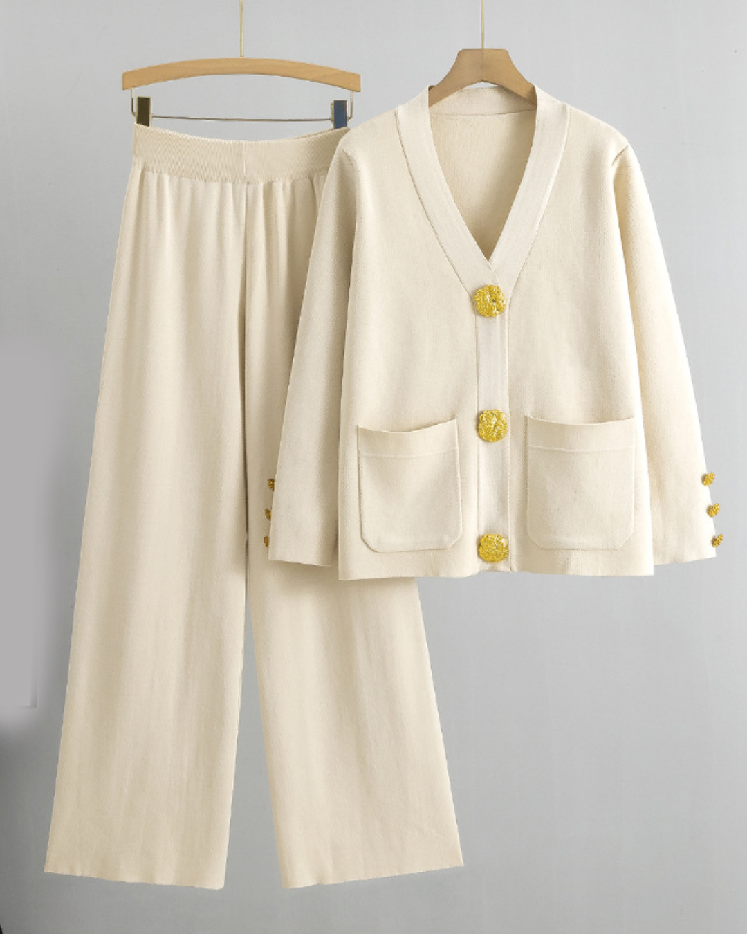 Knitted Cardigan Sweater and Wide Leg Pants Set Apricot One Size 