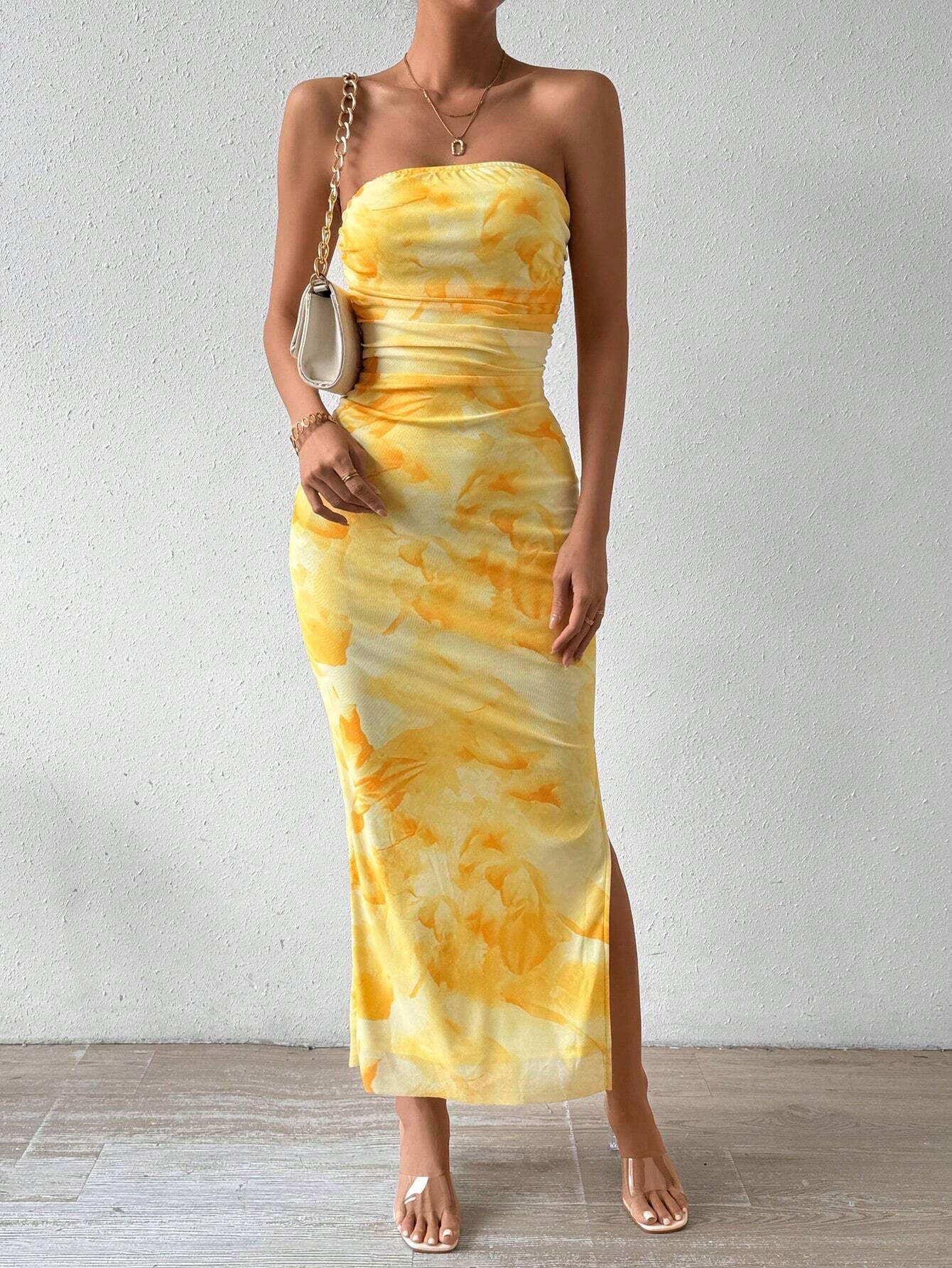Printed Dress SpringHigh Waist Slit Tube Top Dress