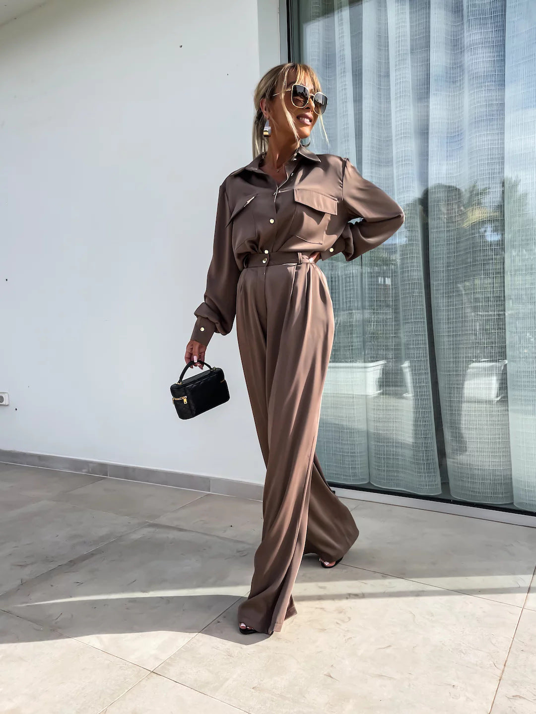 Long Sleeved Faux Pocket Shirt Elegant Trousers